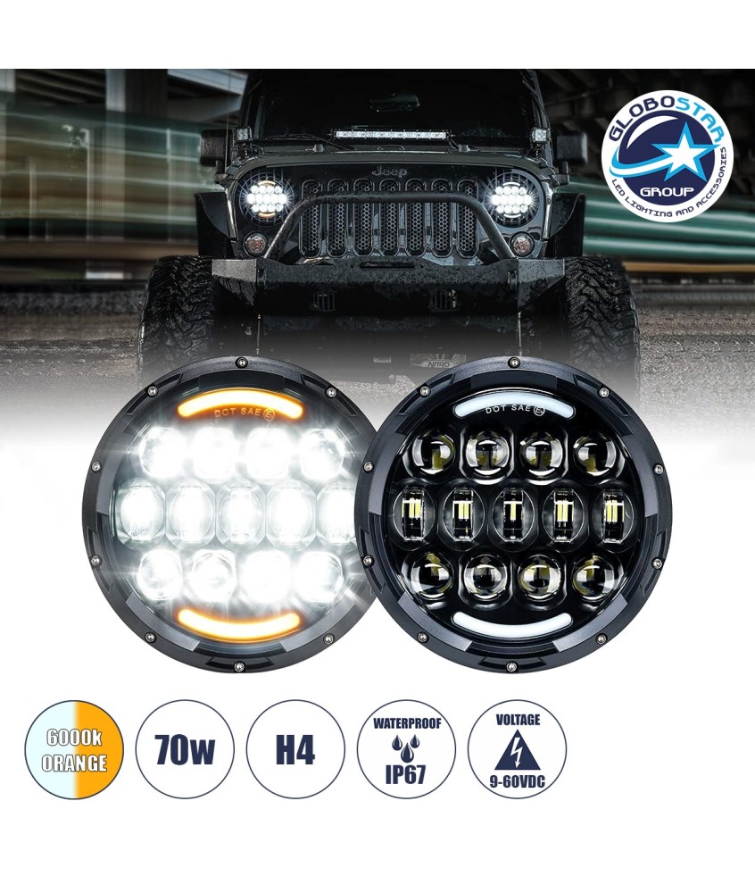 GloboStar® 85415 Σετ 2 x Φανάρια JEEP WRANGLER 6.9' Ιντσών Βασικού Φωτισμού H-L με DRL & Φλας LED CREE CXB COB 70W 7000lm DC 9-60V Αδιάβροχα IP67 Πορτοκαλί & Ψυχρό Λευκό 6000K